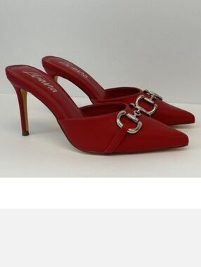 Liliana Horsebit Pointed Tie Mule Slide Heel, 10, Red